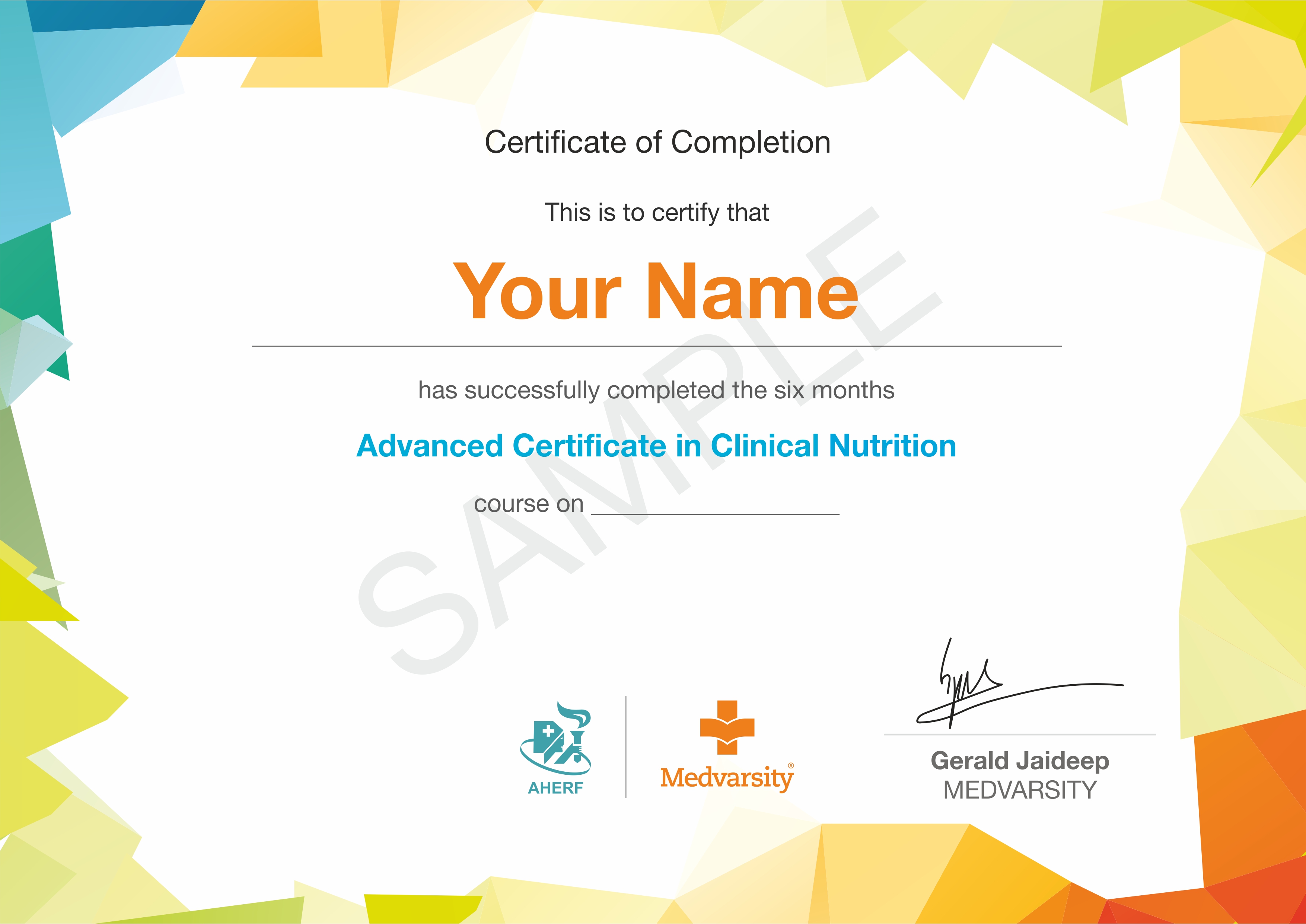 Advanced Certificate In Clinical Nutrition Sample Certificate 